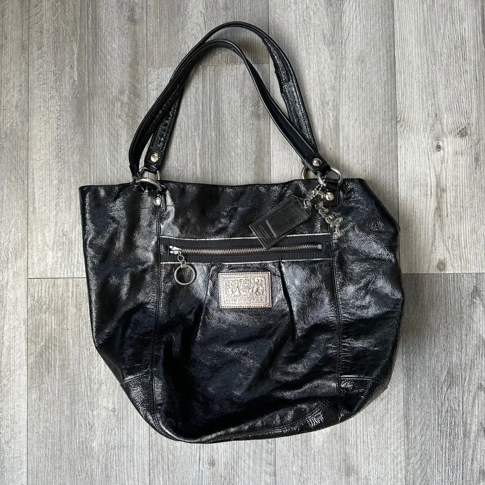 Coach Y2K Poppy Black Leather Tote Bag Shoulder Purse Zip Pocket